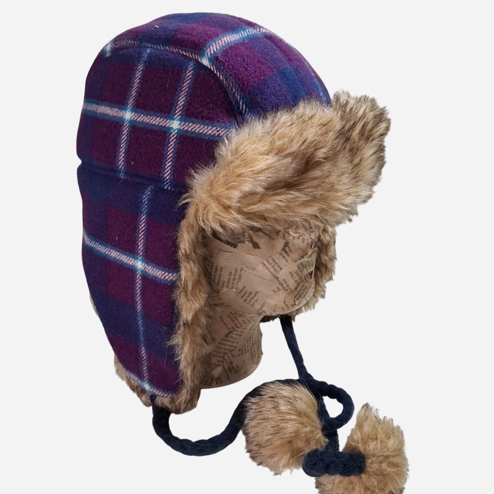 Womens American Eagle Outfitters purple and blue plaid trapper hat